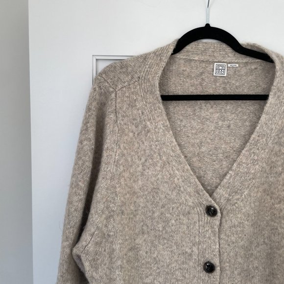 Toteme Cashmere Cardigan Sweater Beige Button Up Ribbed Trim V-Neck Large - Picture 7 of 13